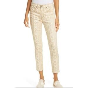 NILI LOTAN Women's Size 27 Beige Mid Rise Wallpaper Print 5-Pocket Jeans USA NEW